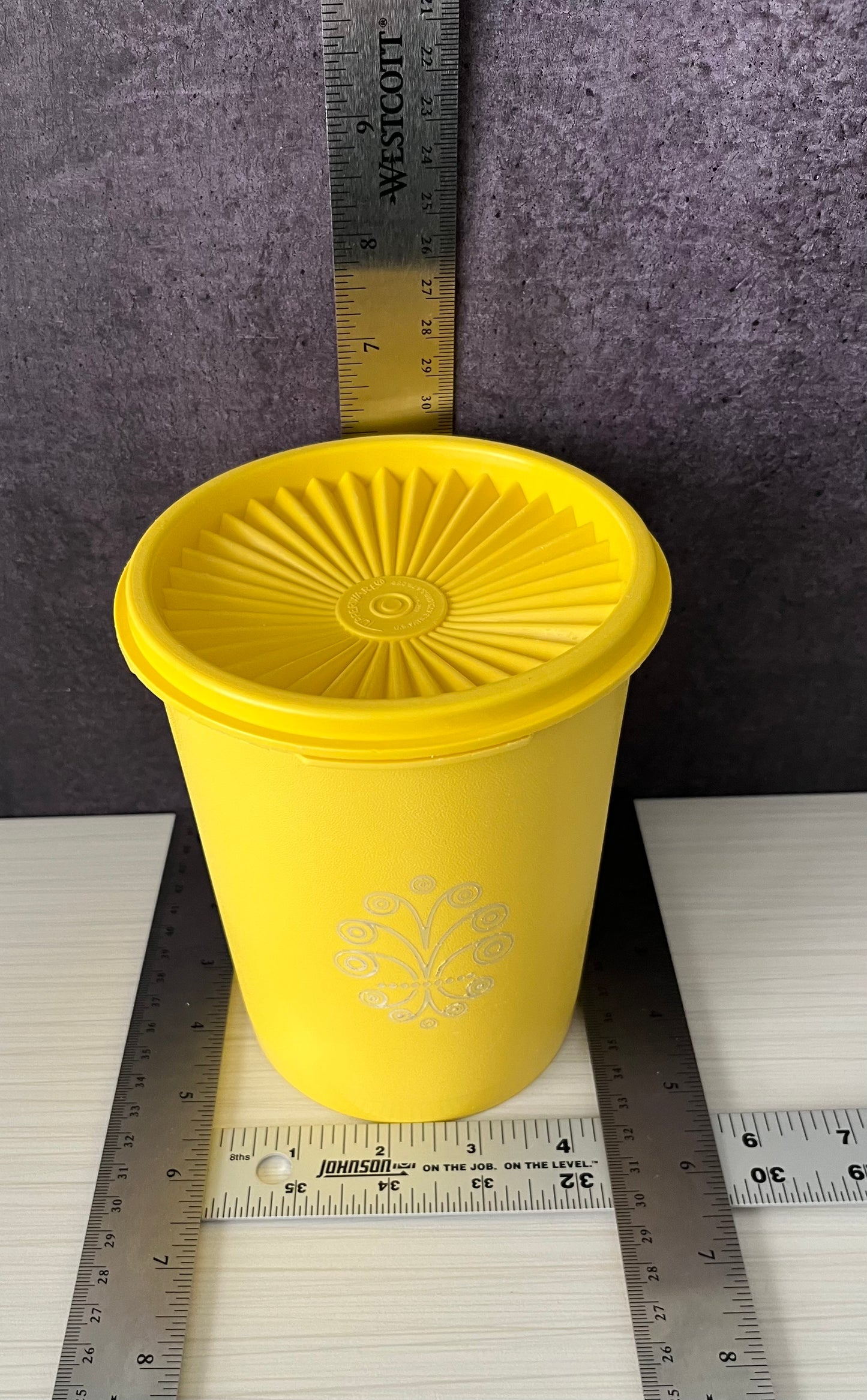 Vintage Tupperware Yellow Canister w/ Lid, Floral Scroll Design, Retro Kitchen Storage Container 1970s