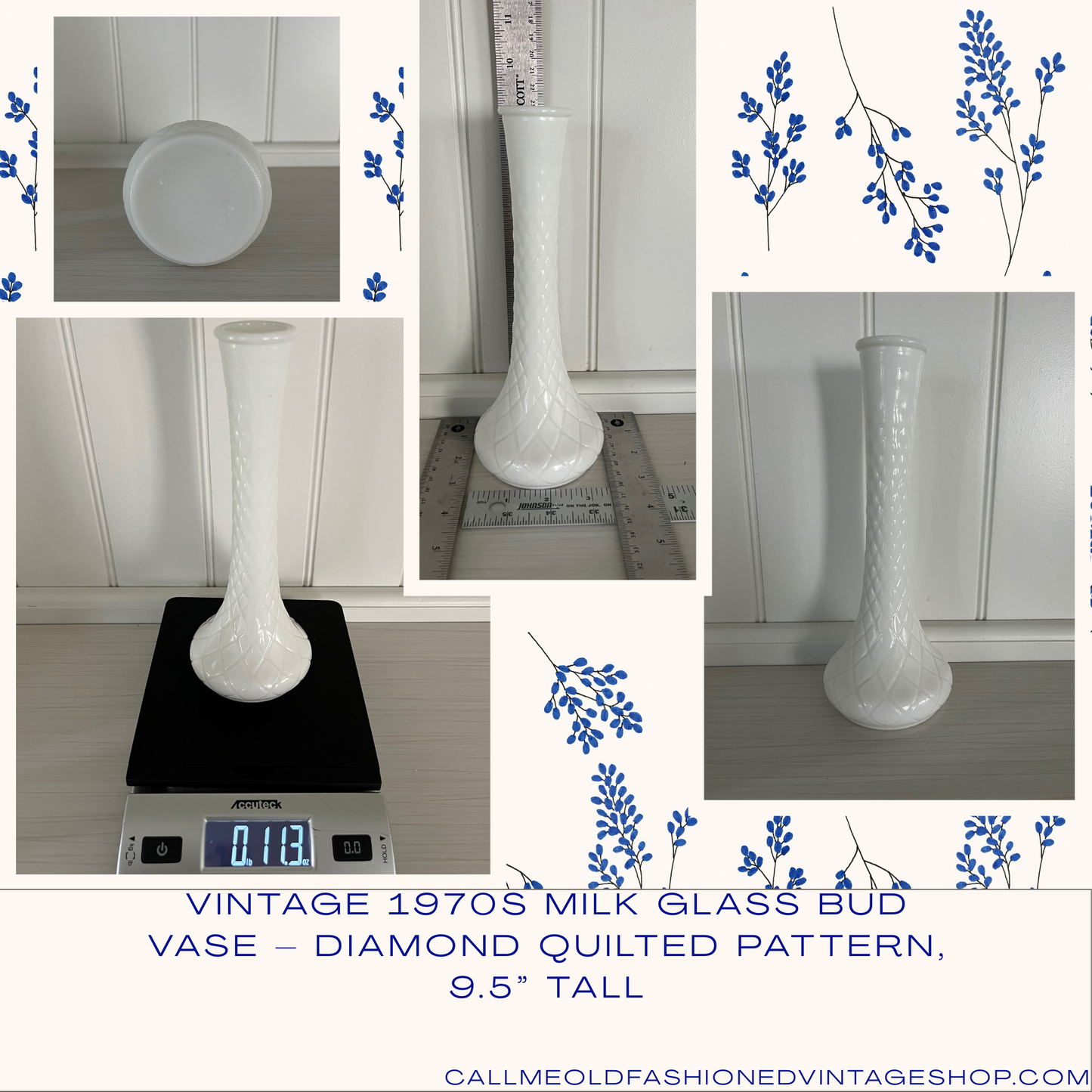 Vintage 1970s Milk Glass Bud Vase – Diamond Quilted Pattern, 9.5” Tall