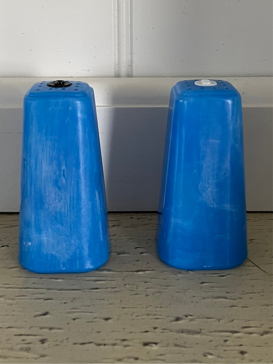 Vintage 1950s Burroughs MFG. Burrite Blue Plastic Salt and Pepper Shakers — Midcentury Modern Farmhouse Charm