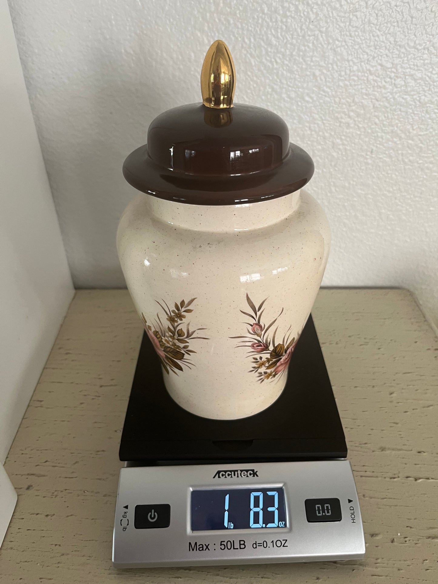Vintage Floral Ginger Jar with Brown Lid & Gold Finial (Late 1980s–Early 1990s) | Romantic Regency Cottage Accent