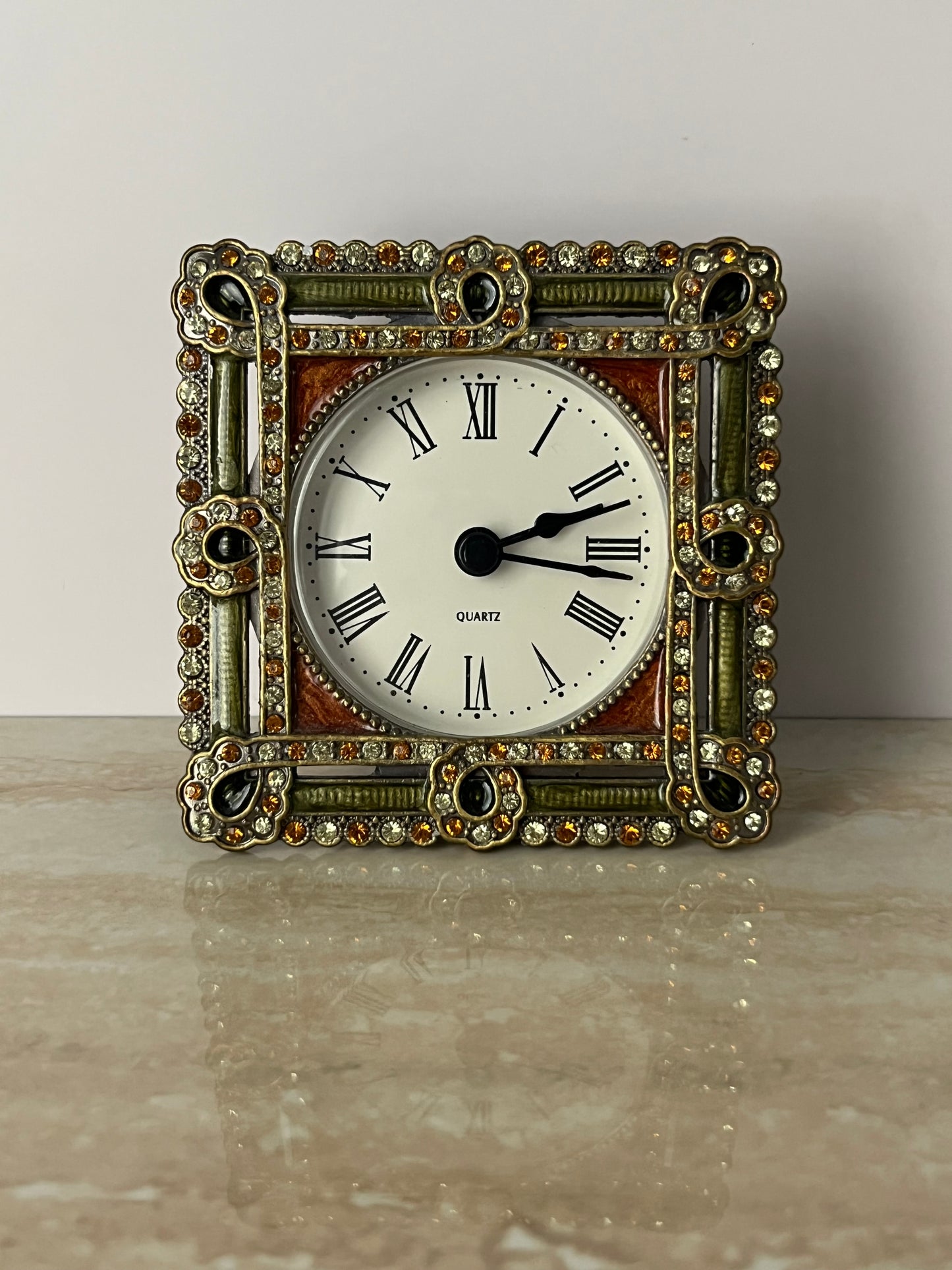 1990s Vintage Art Deco Style Jeweled Vanity Clock – Ornate Rhinestone Desk / Table Clock with Roman Numerals