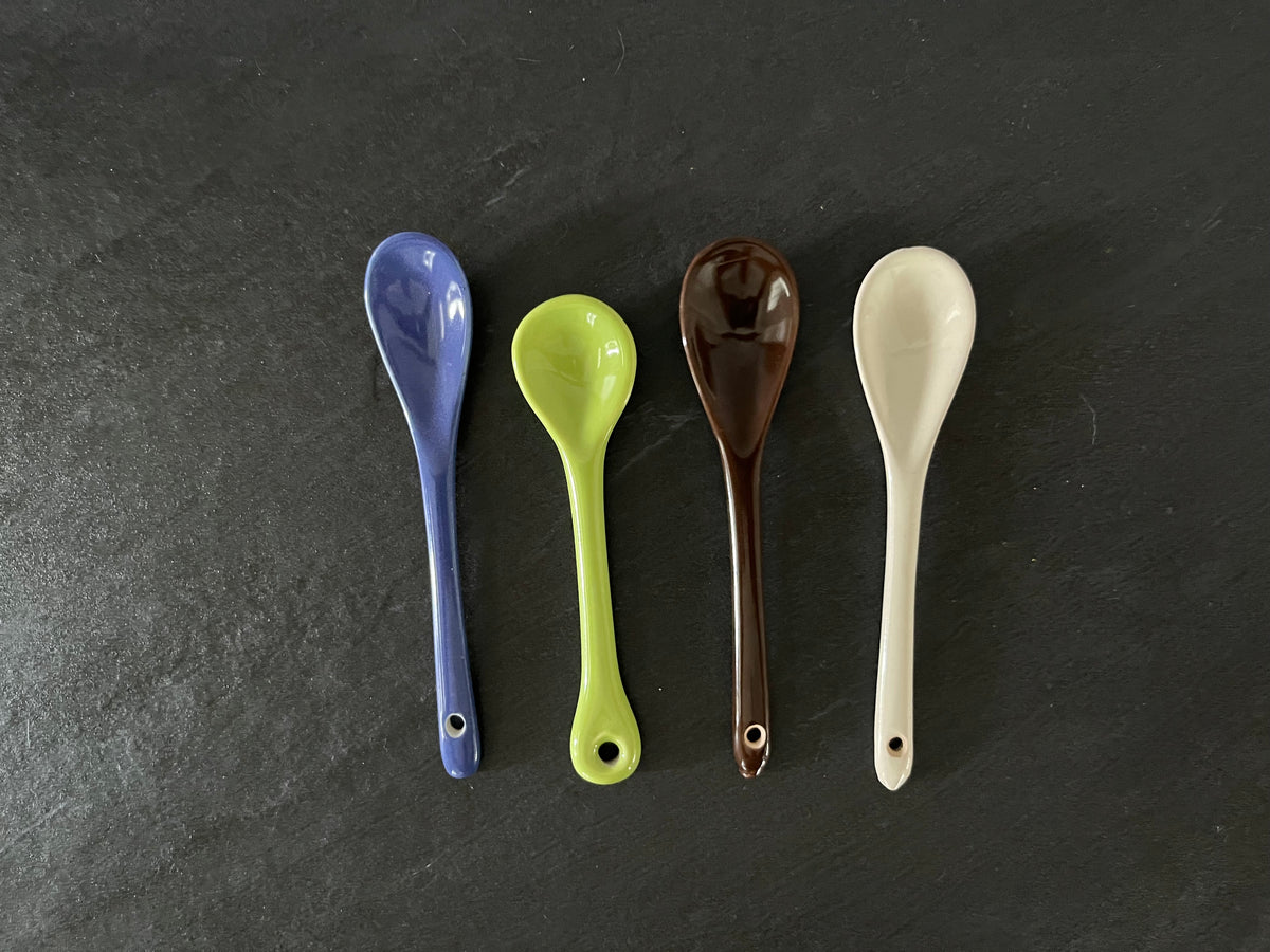 Vintage Avocado Green Ceramic Spoon – 4” Mini Condiment / Demitasse Spoon – Retro Kitchen Accent