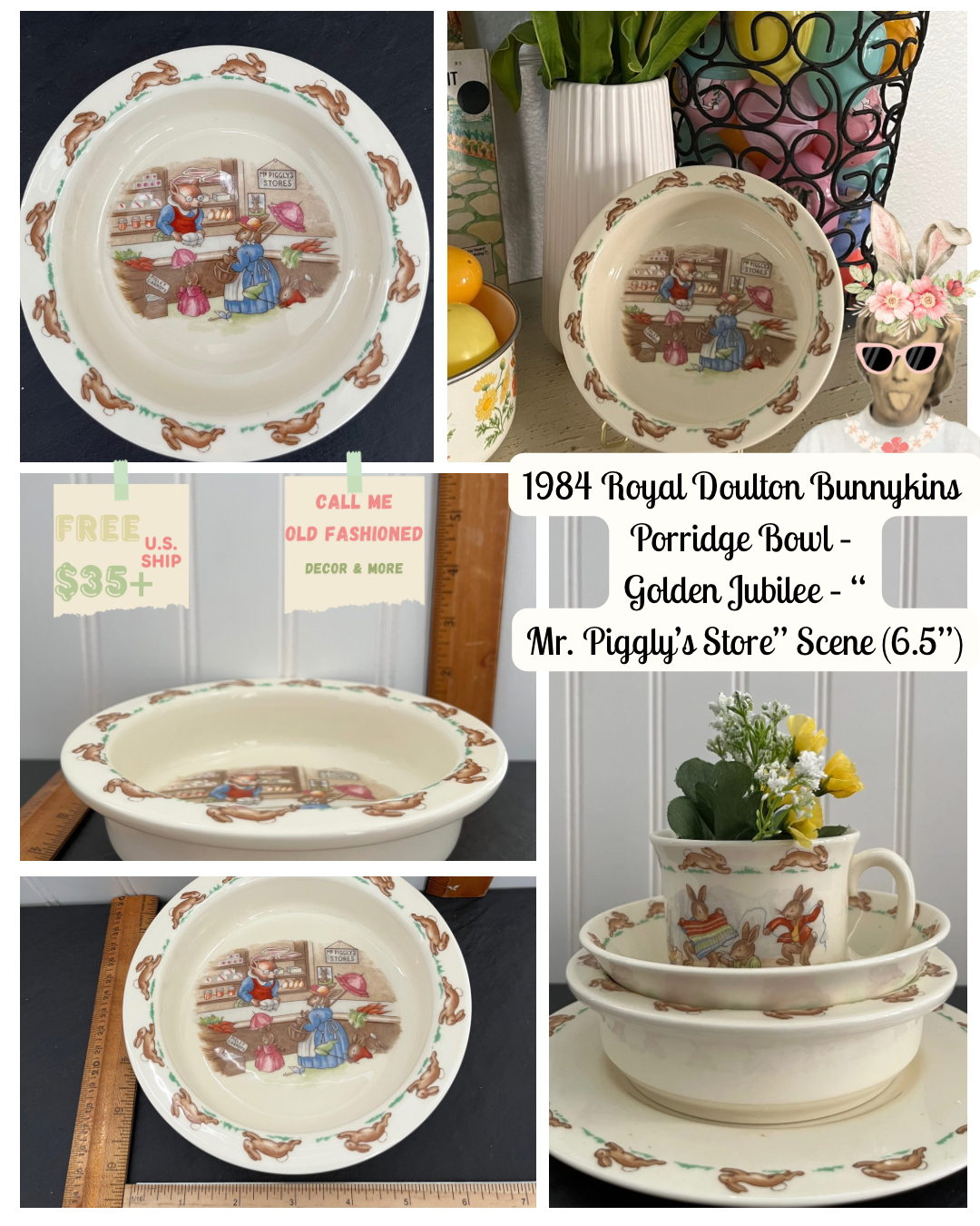 1984 Royal Doulton Bunnykins Porridge Bowl – Golden Jubilee – “Mr. Piggly’s Store” Scene (6.5”)