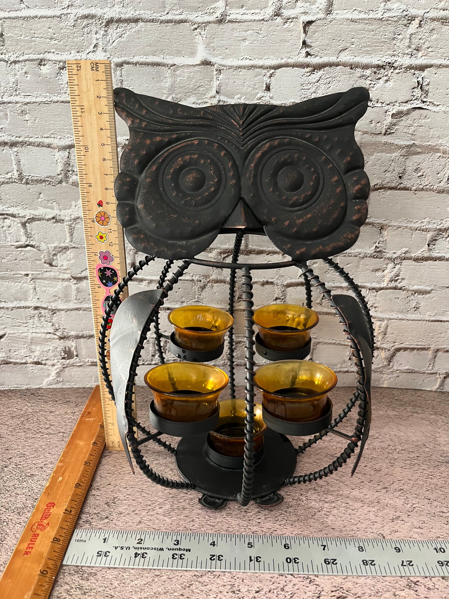 Vintage Dark Brown Hammered Metal 11”x6” Owl with 5 Yellow Glass Votive Candleholders - Rustic Steampunk Decor