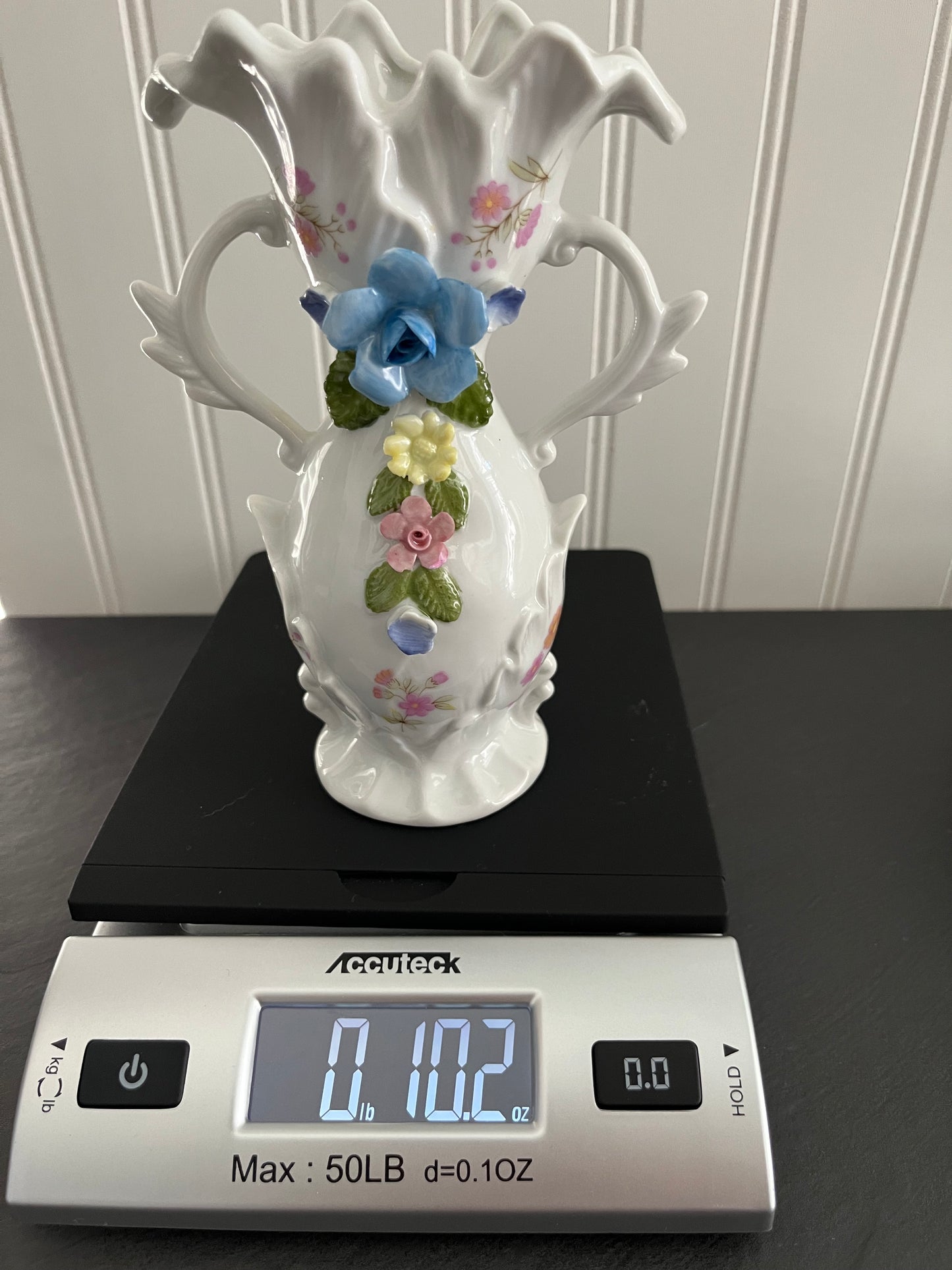 Vintage Victorian Style Fancy Double Handled White Porcelain Vase with 3D Hand-Painted Capodimonte Style Flowers -