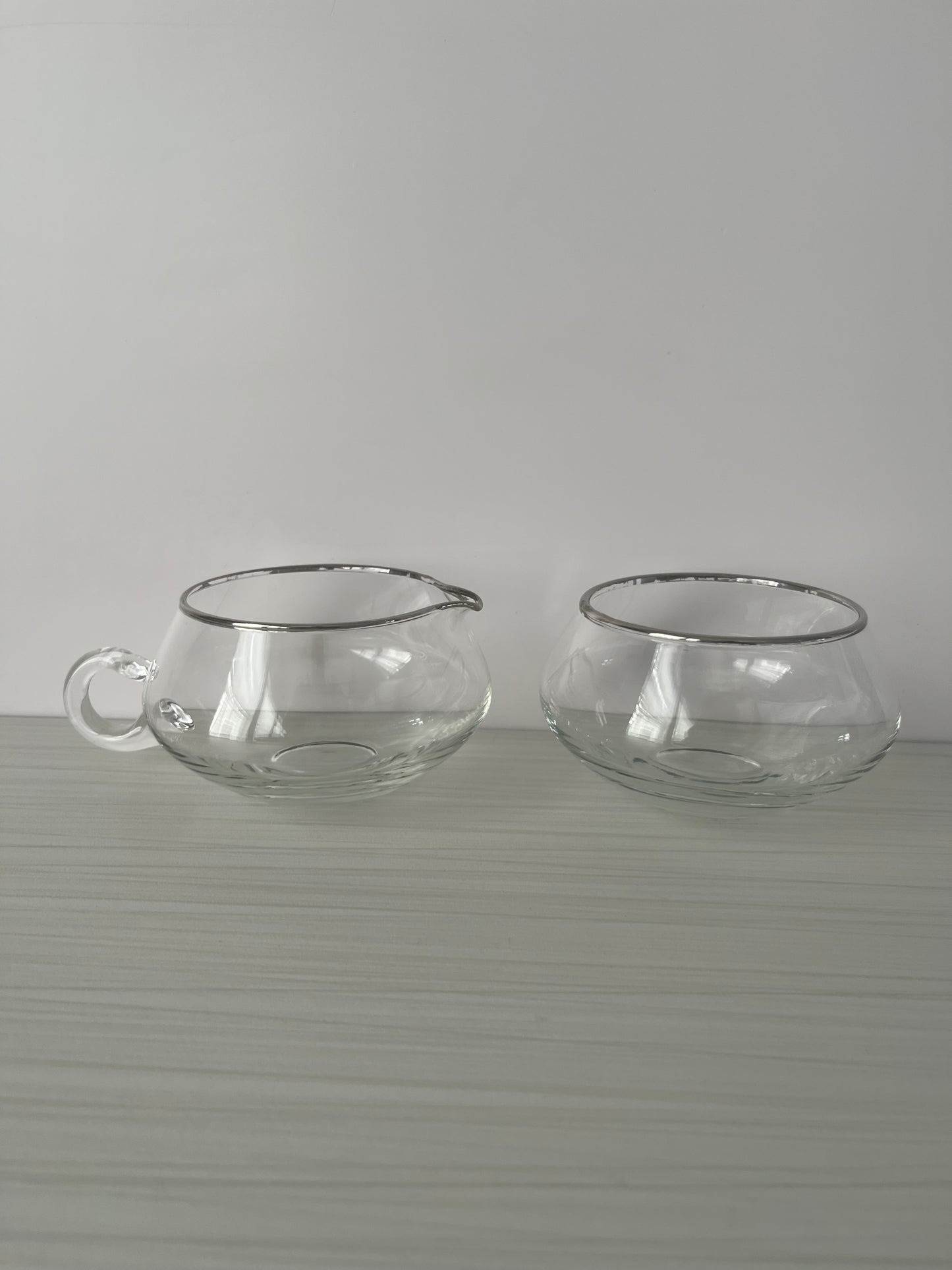 Vintage 1970s Stackable Clear Glass Creamer & Open Sugar Bowl Set with Silver Rim – Mid Century Modern Coffee Bar Serveware