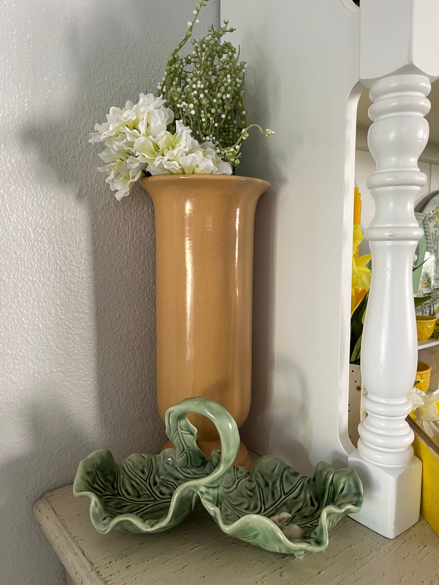 1960’s Bronislaw Wolanin 15” Apricot Yellow Cylinder Vase with Scalloped Pedestal Base – Exclusive Boleslawiec Pottery Design
