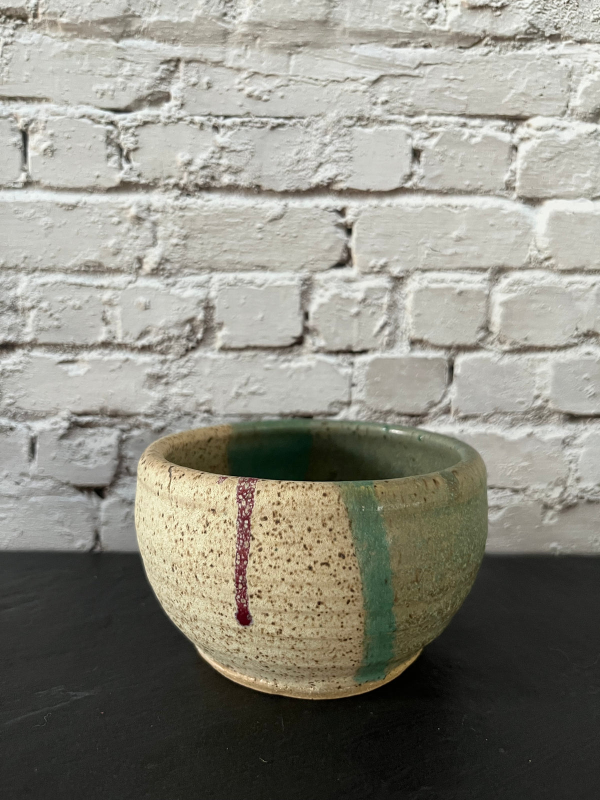 Vintage c1970s Signed Studio Pottery Bowl, Vessel | Green & Speckled Cream Handmade Ceramic