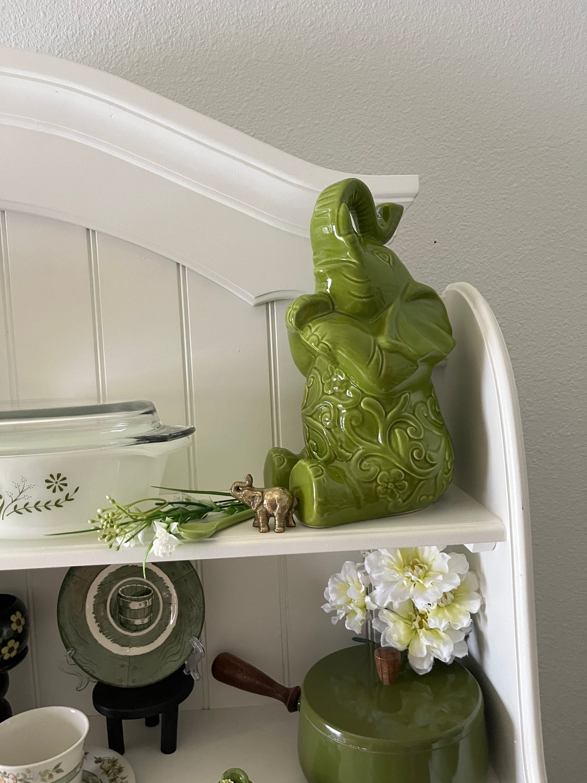 Large Lucky Trunk Green Ceramic Elephant Figurine – Floral Scrollwork Trunk-Up Décor – 11”