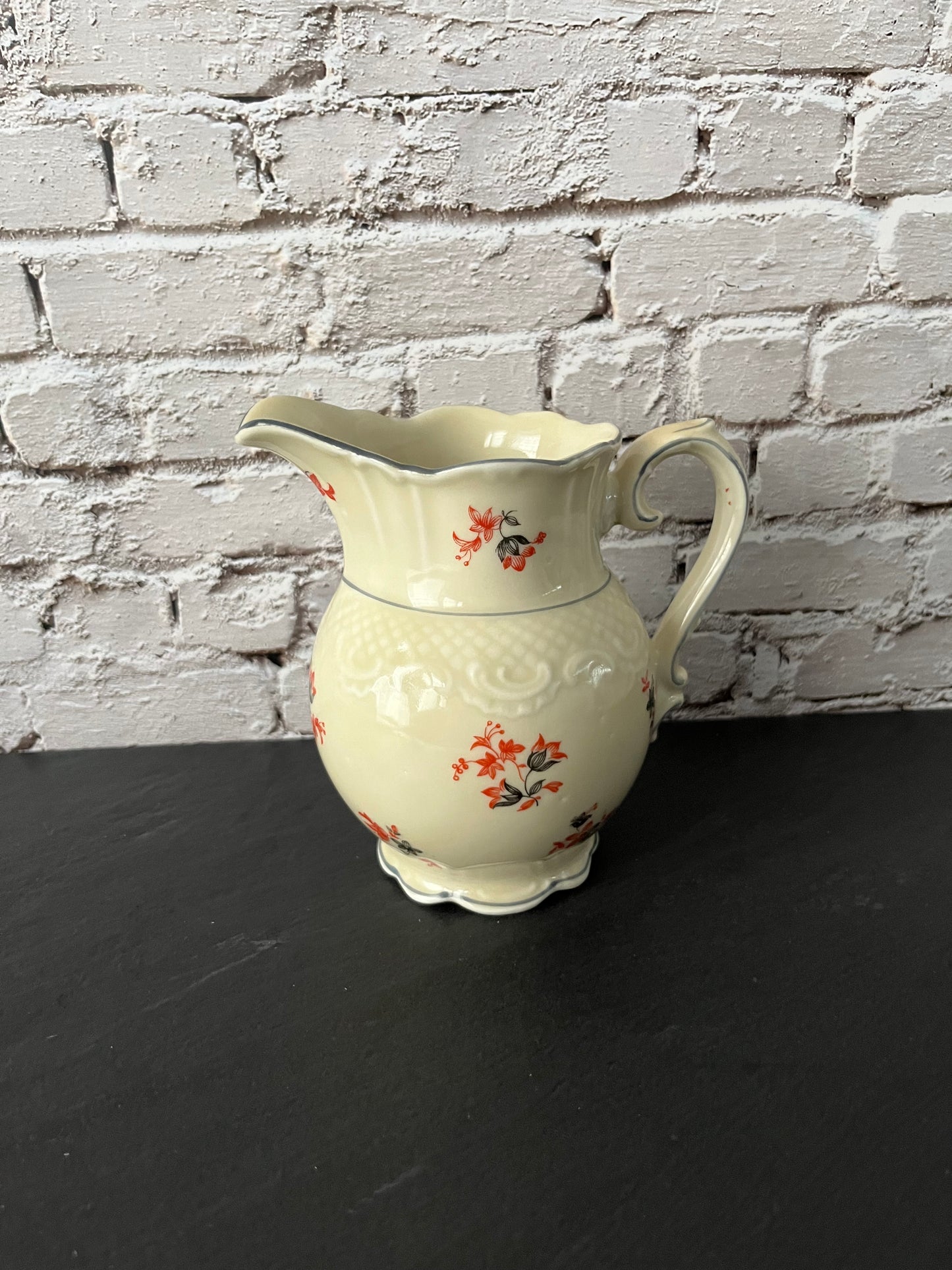 Vintage 1940s–1950s Cream Ceramic Floral Pitcher – Red & Black Wildflower Sprig Pattern – Cottage Farmhouse Style Milk Pitcher