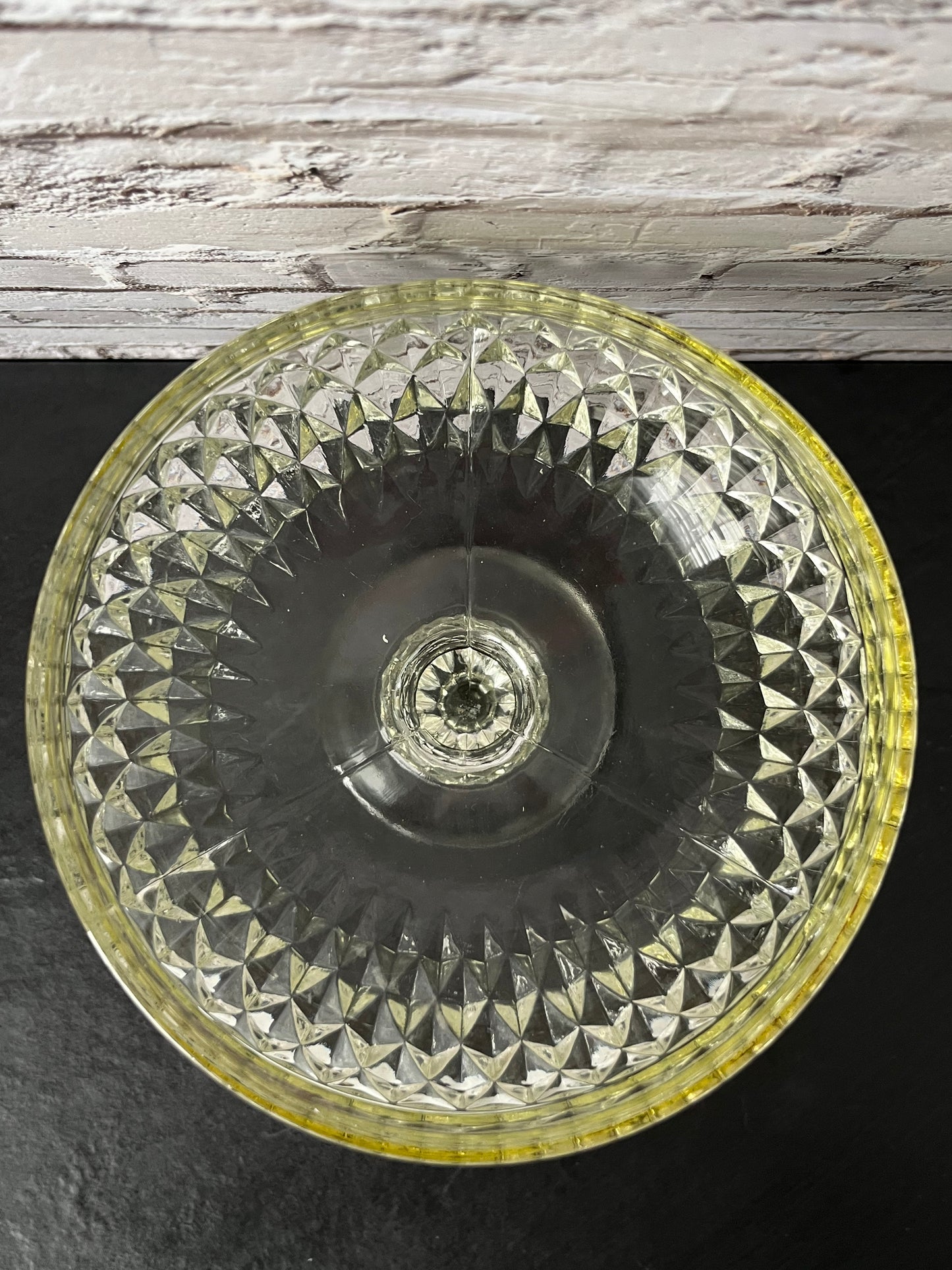 Vintage Indiana Glass Diamond Pattern Pedestal Compote Bowl – Yellow Tint Pressed Glass Dessert Dish (1960s–1970s)