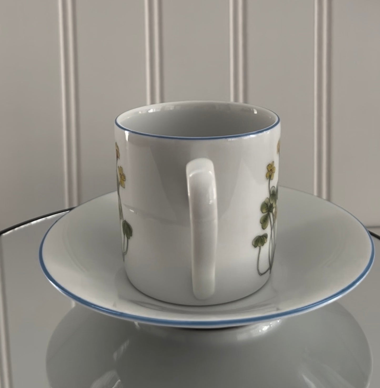 Vintage c.1980s  Porsgrund porcelain demitasse Tea cup and saucer from the Mountain Flower series Yellow Oxalis Shamrock Wood Sorrel Flora