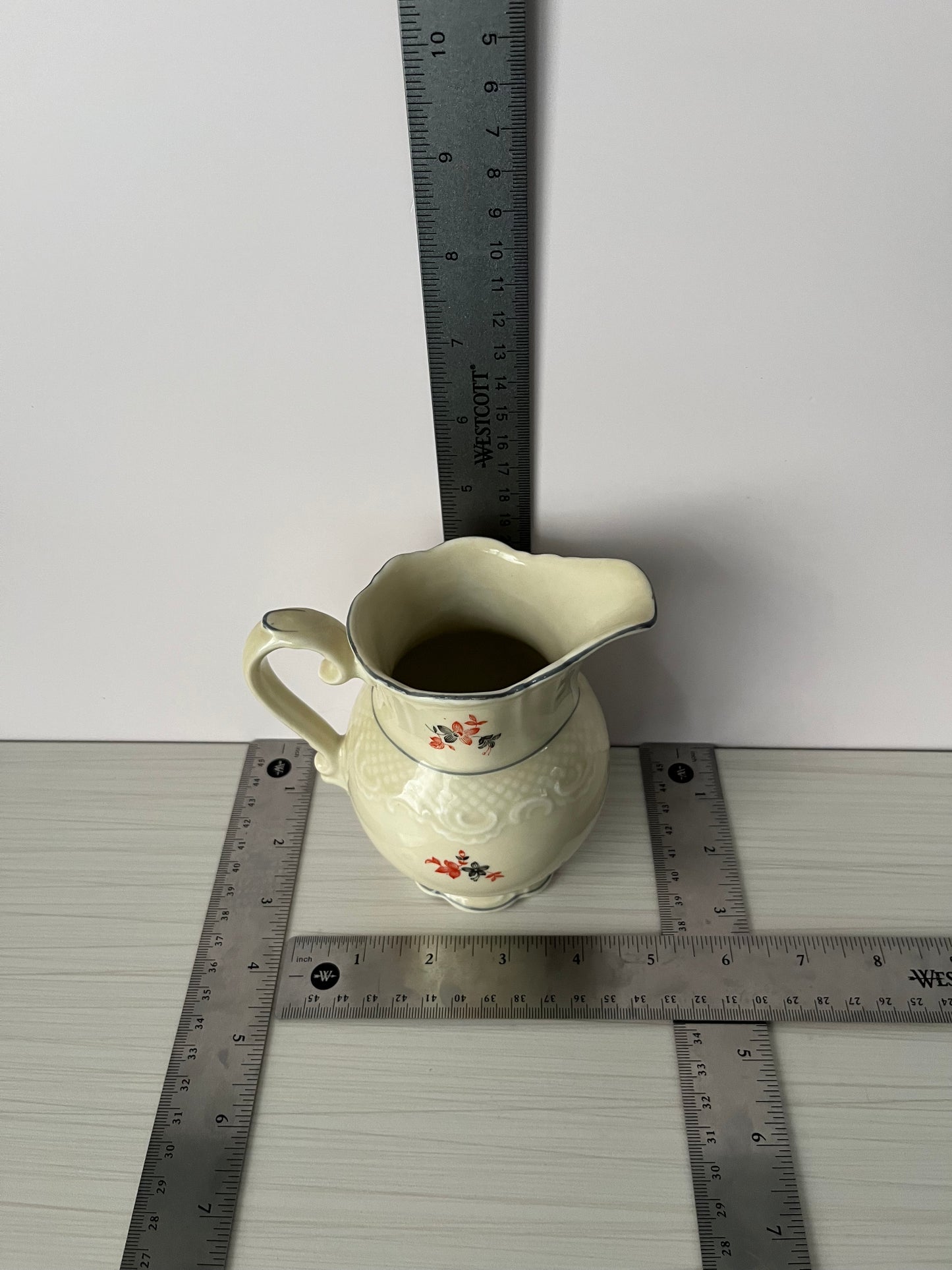 Vintage 1940s–1950s Cream Ceramic Floral Pitcher – Red & Black Wildflower Sprig Pattern – Cottage Farmhouse Style Milk Pitcher
