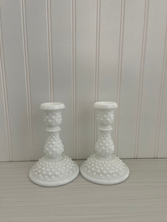 Vintage Fenton 1960’s Art Milk Glass Hobnail 6” Candlesticks - Pair