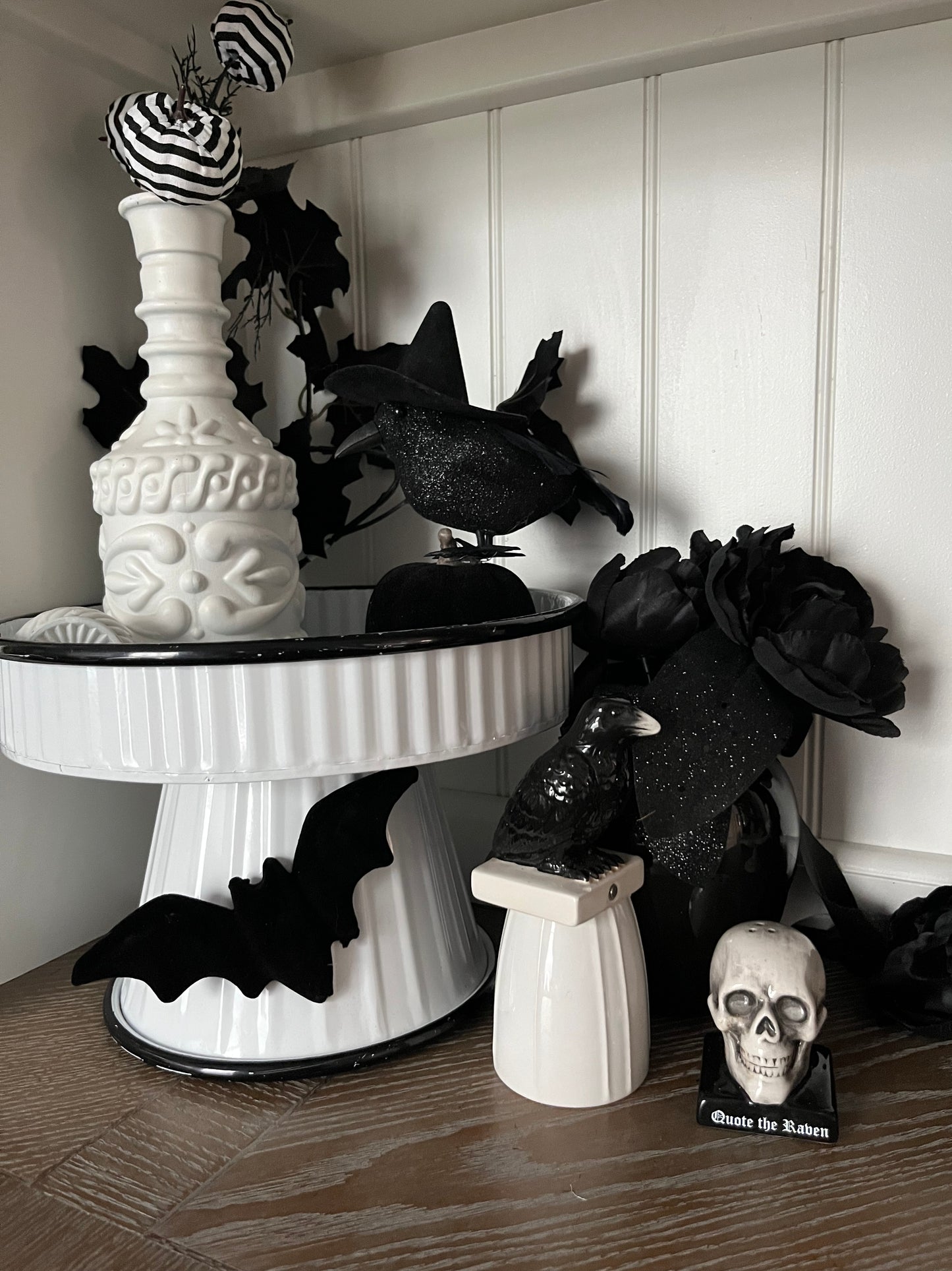 Vintage “Quote the Raven” Skull and Raven Ceramic Salt & Pepper Shaker Set (c. 2000s)