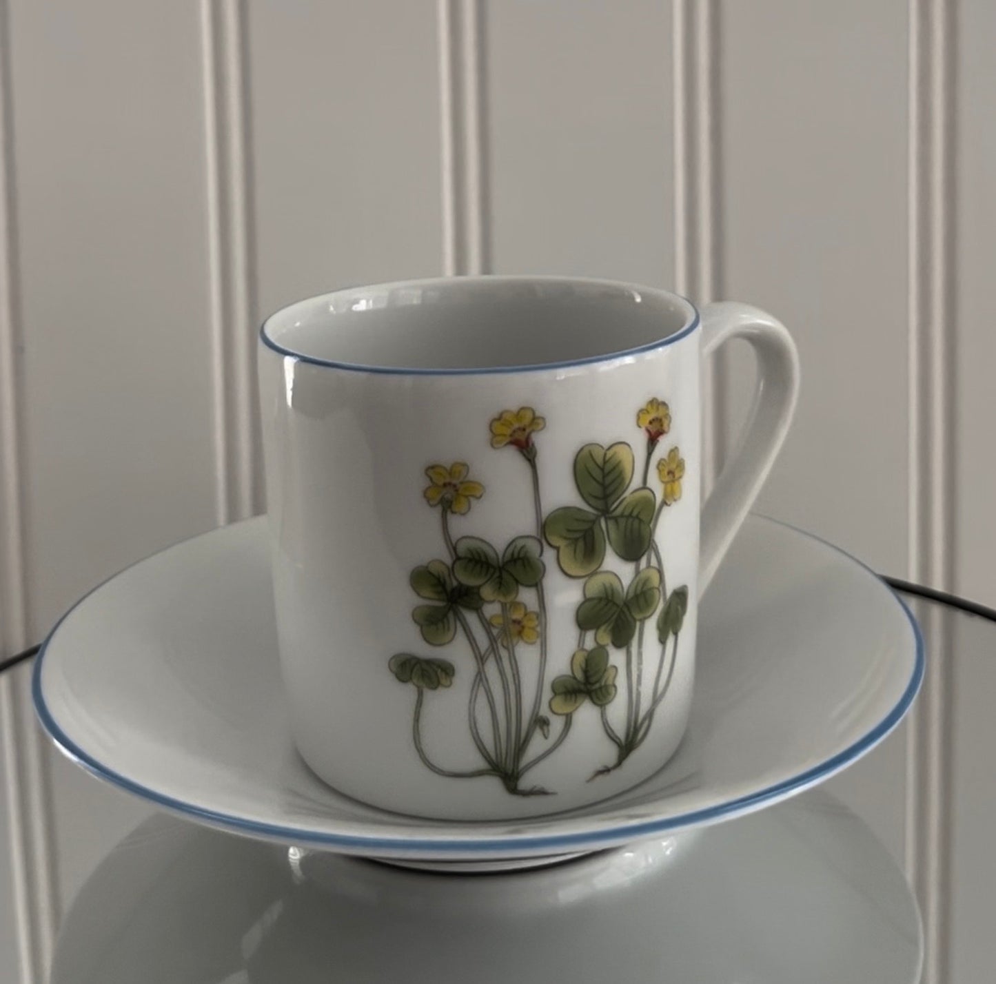 Vintage c.1980s  Porsgrund porcelain demitasse Tea cup and saucer from the Mountain Flower series Yellow Oxalis Shamrock Wood Sorrel Flora