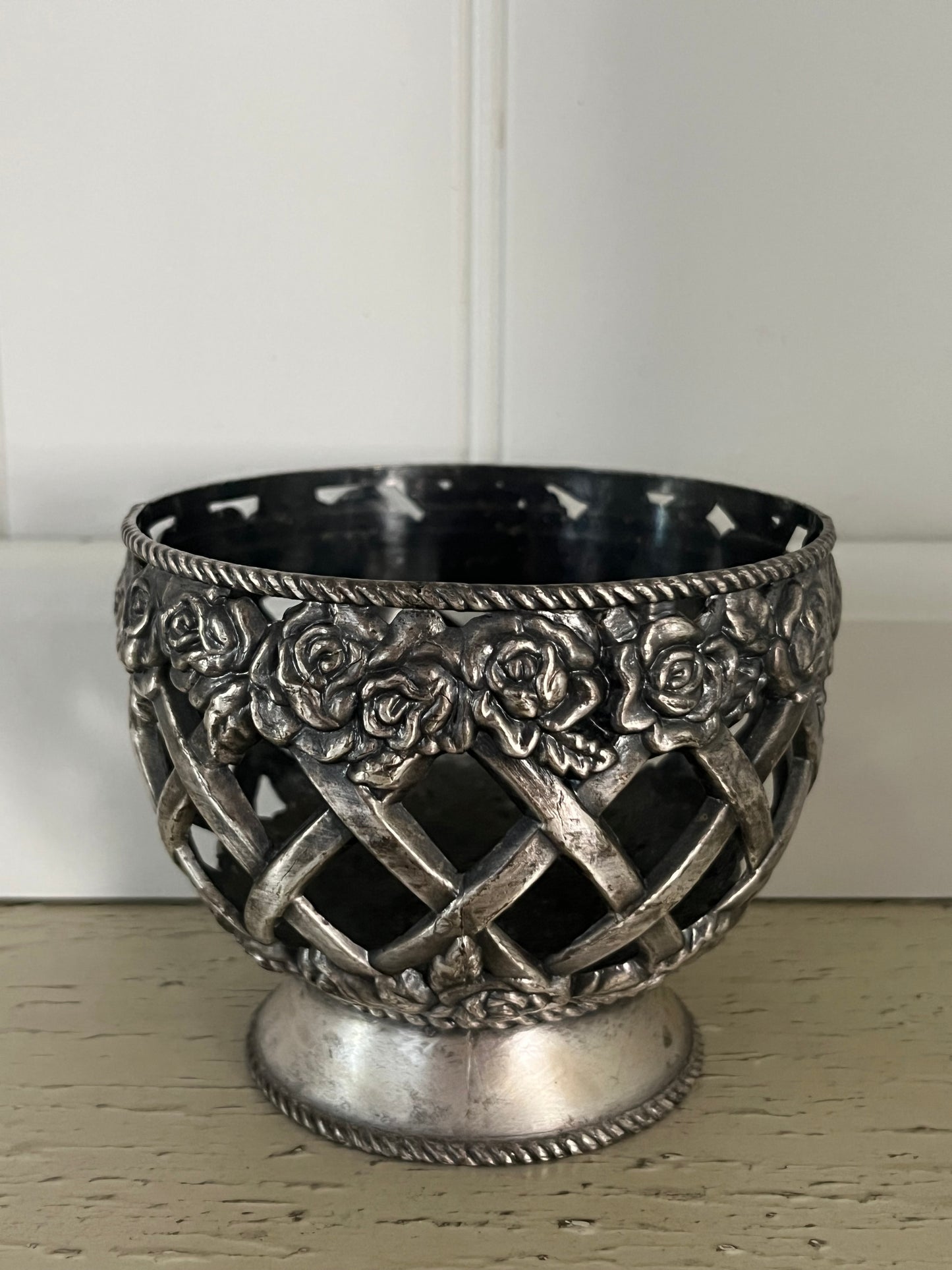 Vintage Rose Lattice Pewter Votive Candle Holder | Heavy Regency Floral Candle Cup (c. 1960s–1970s)