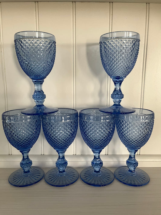 Vintage Vista Alegre Bicos Blue Goblets – Diamond Point Pattern, 8 oz, Set of 6 (Portugal, 1970s–1980s)