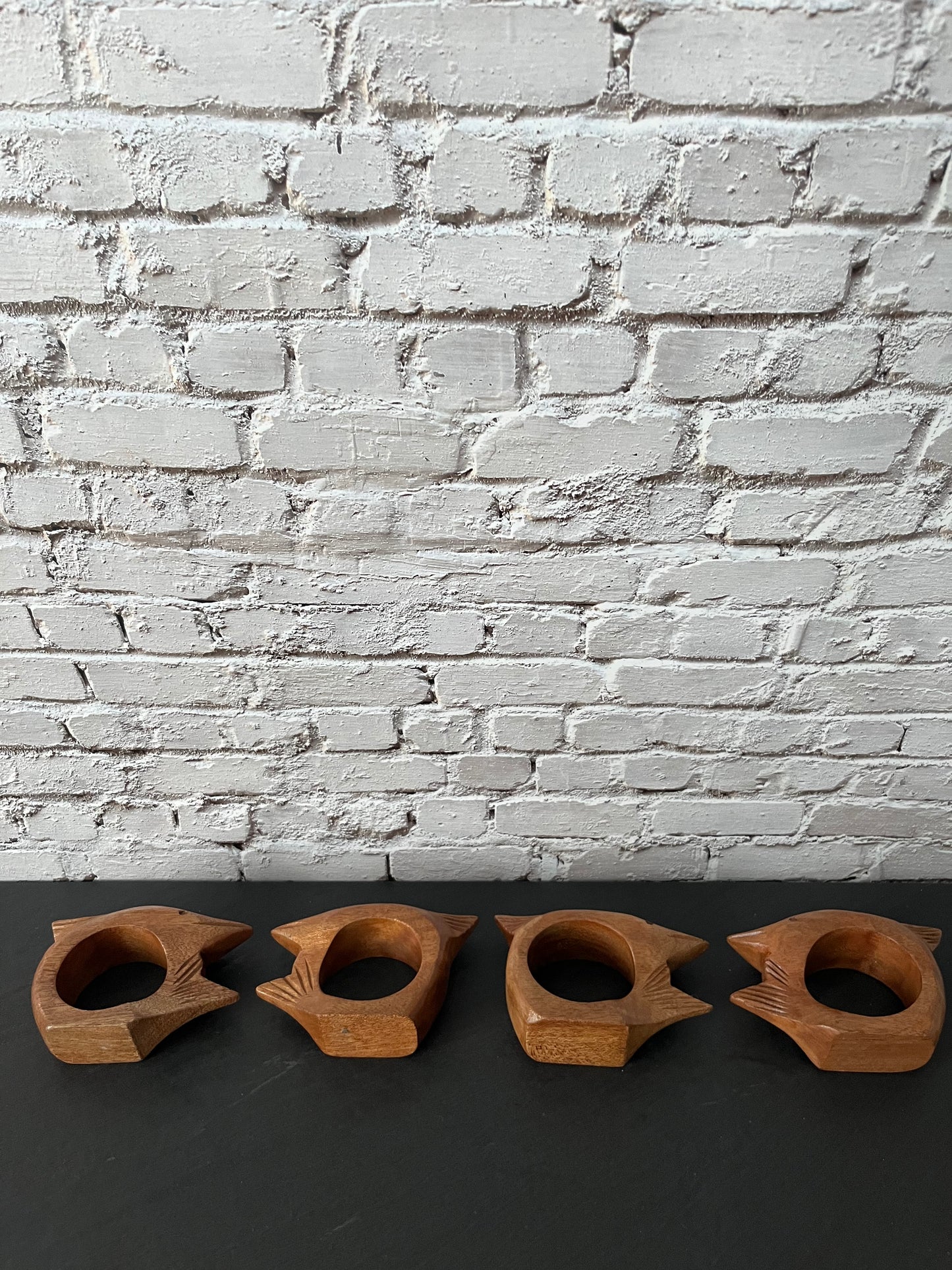 Vintage 1970s Hand-Carved Wooden Fish Napkin Rings – Sculptural Mid-Century Modern Set of 4