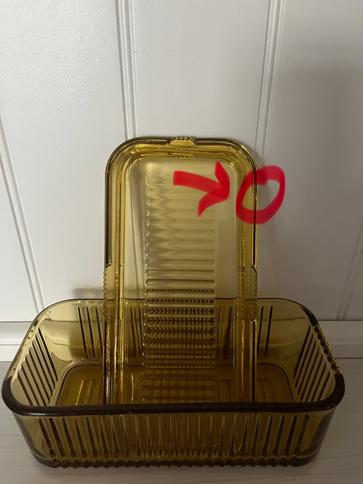 Vintage 1970s Amber Glass Ribbed Refrigerator Dish with Lid | Fall Harvest Kitchen Storage
