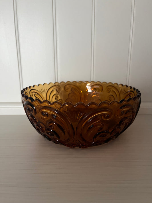 Vintage Amber Pressed Glass Scroll Bowl – Scalloped Rim Serving Bowl | c. 1960s–1970s