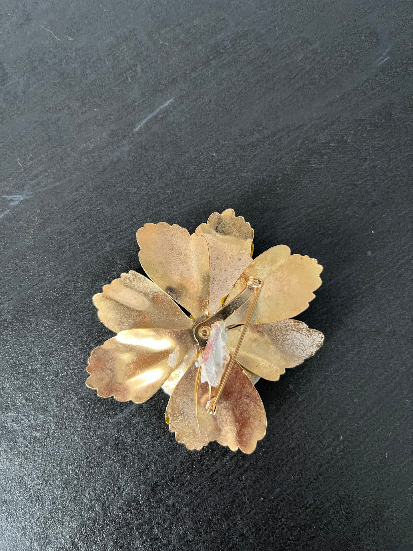 Vintage 1960’s Yellow Enamel Flower Brooch – Layered Petal Floral Pin, Mid-Century Statement Jewelry