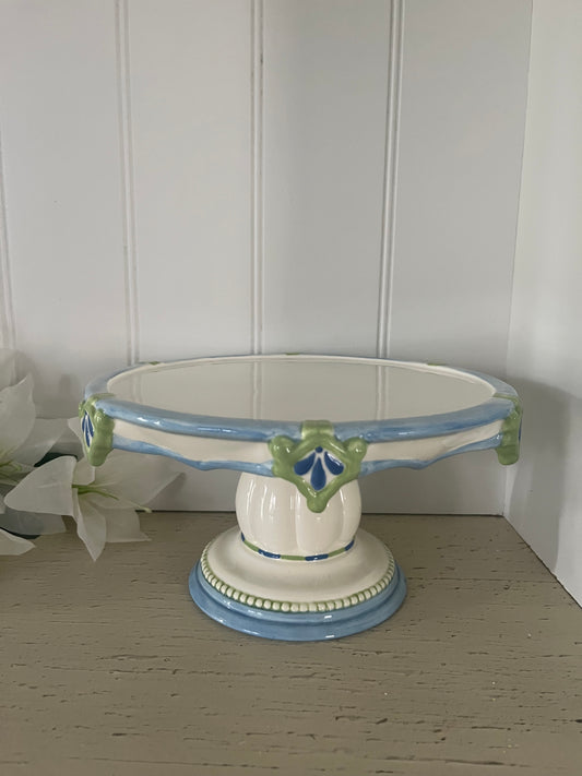 Vintage 2000s Pastel Pedestal Cake Stand with Scalloped Edge – Art Nouveau-Inspired Ceramic