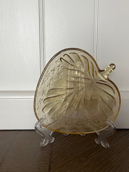 Vintage 1970s Amber Glass Leaf Dish – Strawberry Shaped Glass Candy or Trinket Bowl