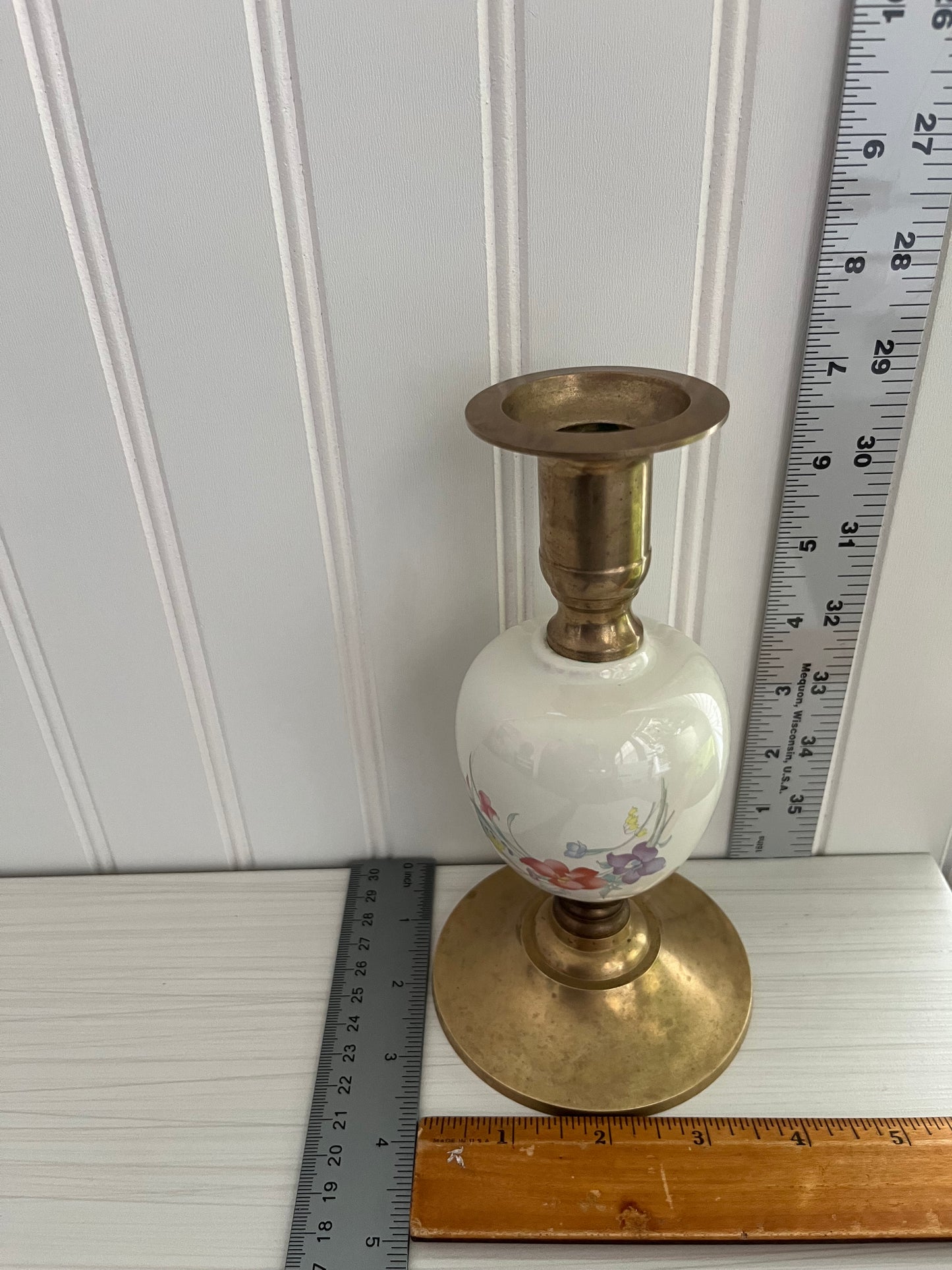 Vintage c.1980s Brass & Porcelain Floral Candlestick Holder | Cottagecore Taper Candle Decor