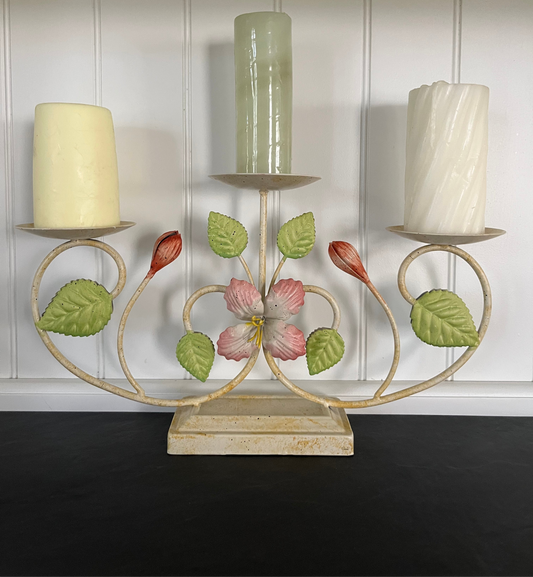 1950s Vintage Italian Tole Floral Candelabra – 3-Pillar Metal Candle Holder