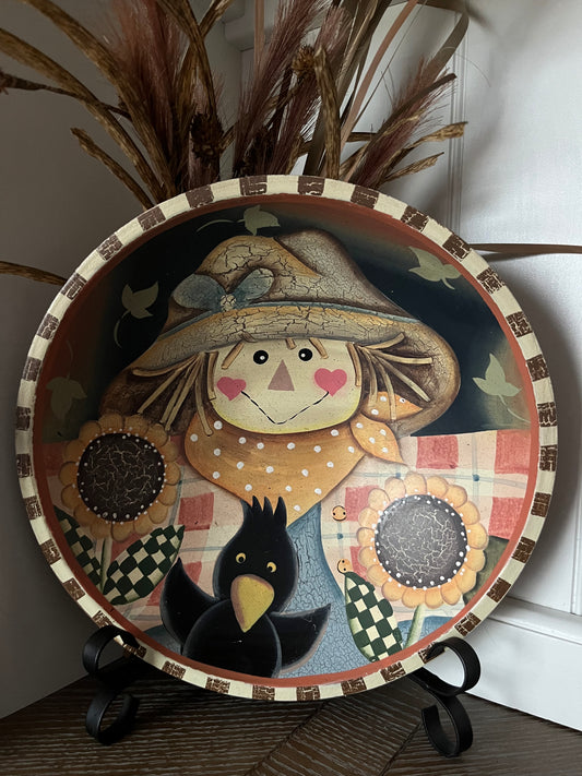 Vintage Hand-Painted Wooden Scarecrow Bowl – Folk Art Fall Harvest Décor (1990s)