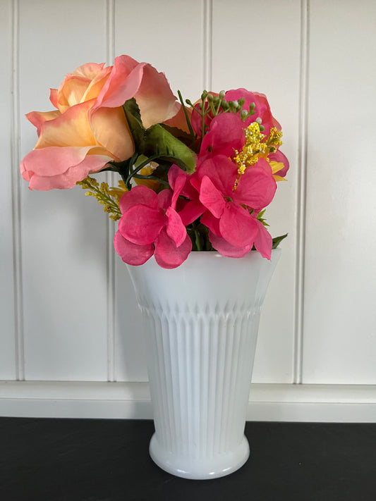 Elegant Vintage White Milk Glass Ribbed Vase - 6 1/2” Tall