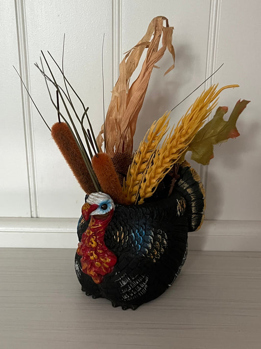 Vintage-Style Turkey Planter / Thanksgiving Centerpiece – Hand-Painted Plastic – Fall Harvest Decor (4.5”)