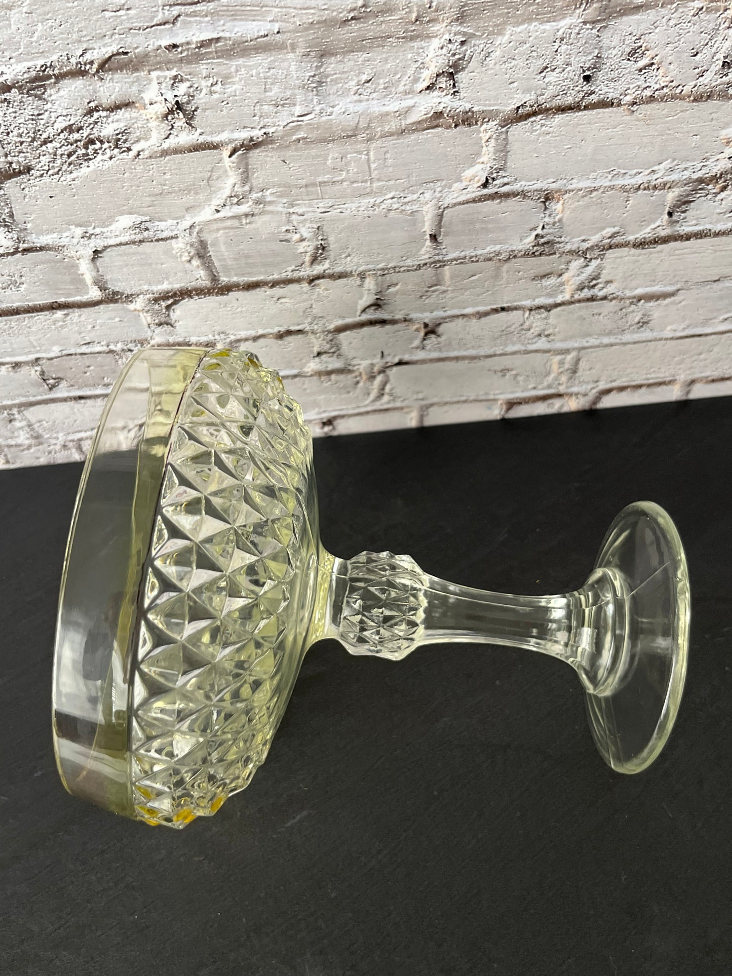 Vintage Indiana Glass Diamond Pattern Pedestal Compote Bowl – Yellow Tint Pressed Glass Dessert Dish (1960s–1970s)