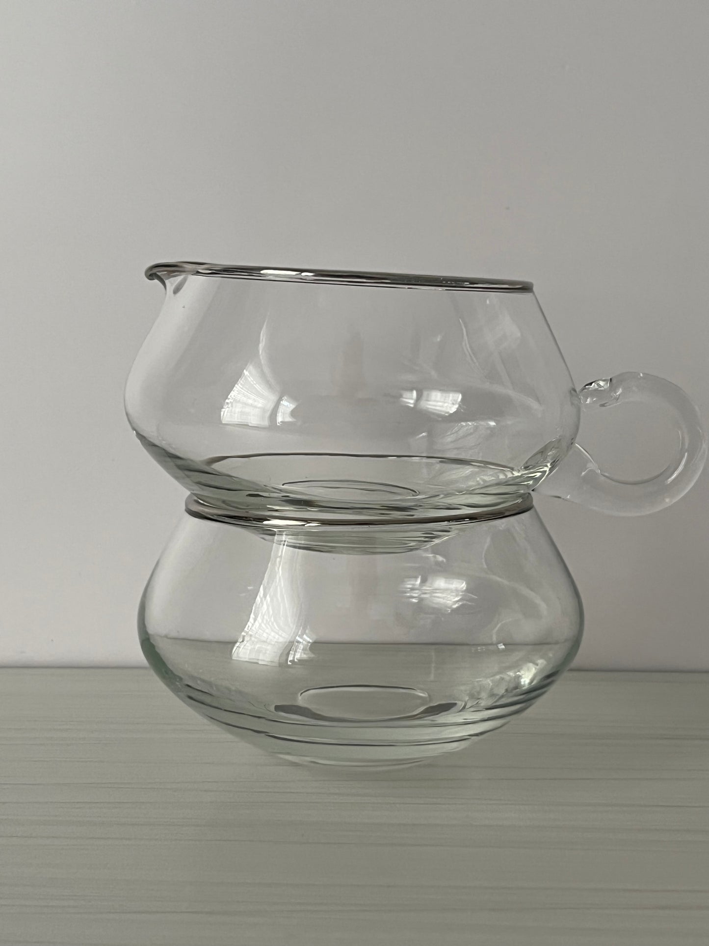 Vintage 1970s Stackable Clear Glass Creamer & Open Sugar Bowl Set with Silver Rim – Mid Century Modern Coffee Bar Serveware