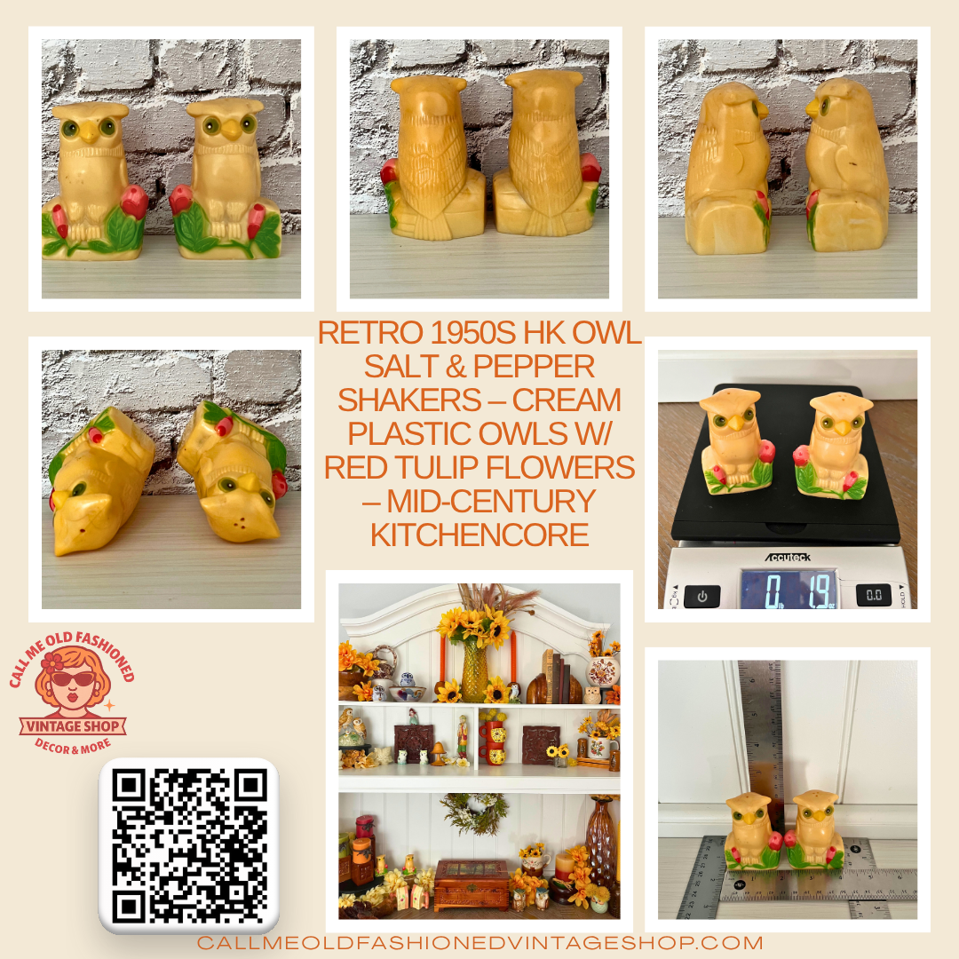 Vintage 1950s HK Owl Salt & Pepper Shakers – Cream Celluloid Owls w/ Red Tulip Flowers – Mid-Century Kitchencore