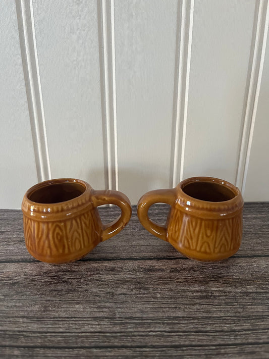 Pair of Vintage Beer Barrel Shaped Glazed Honey Brown Pottery Mini Mugs