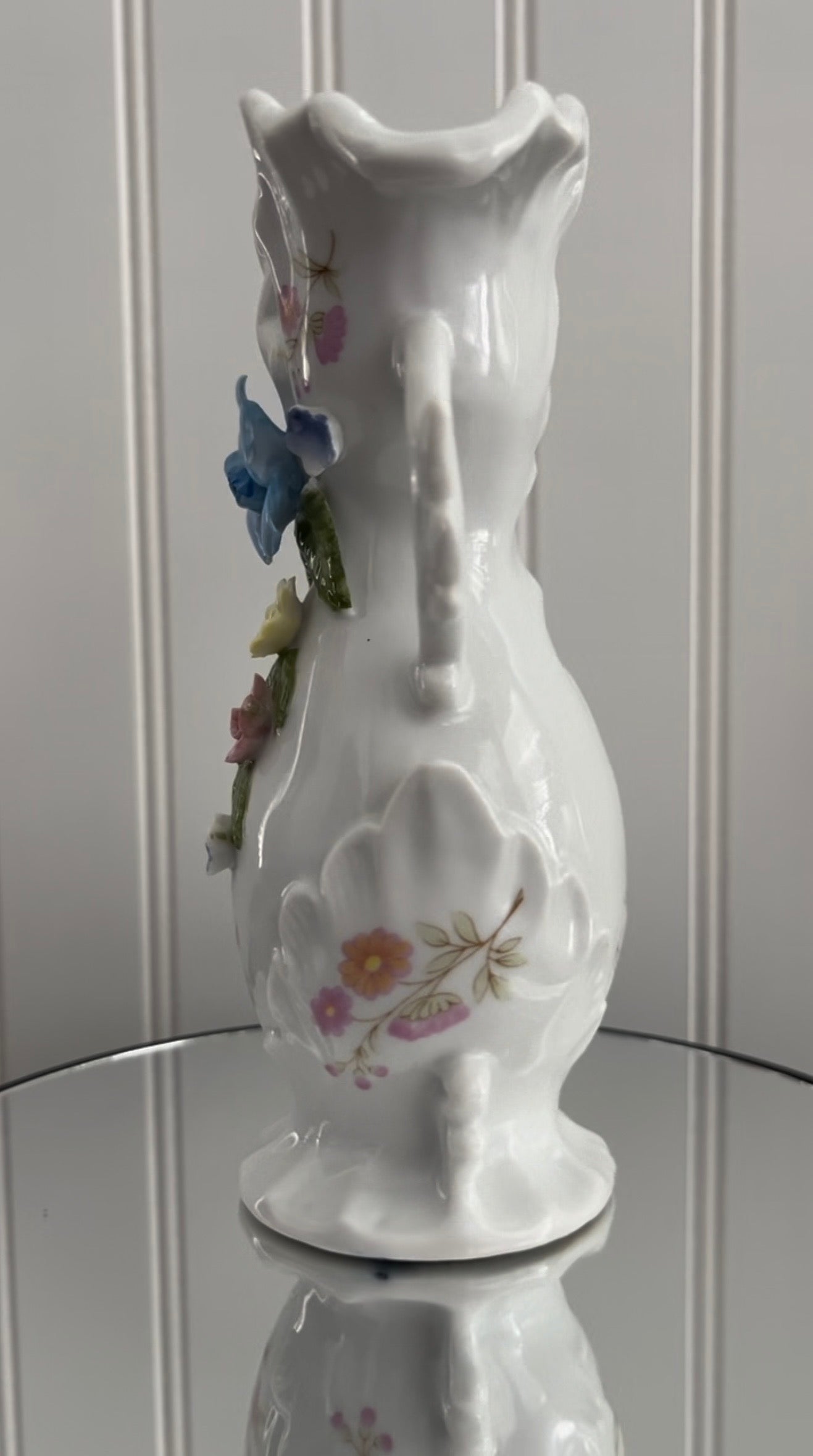 Vintage Victorian Style Fancy Double Handled White Porcelain Vase with 3D Hand-Painted Capodimonte Style Flowers -