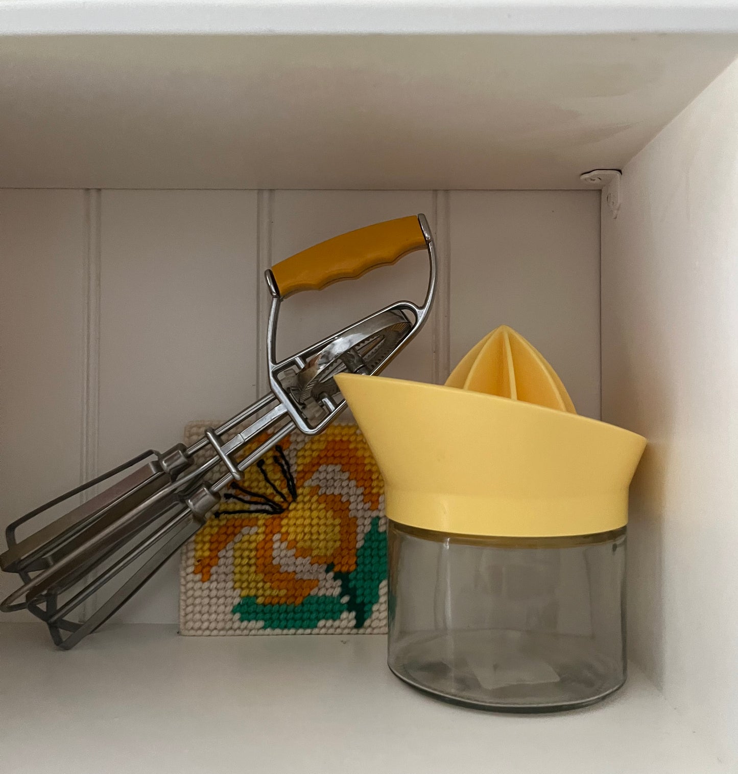 1950’s Vintage European Manual Hand Mixer Egg Beater w/ Yellow Handle, Mid Century Rotary Kitchen Mixer, Retro Baking Tool