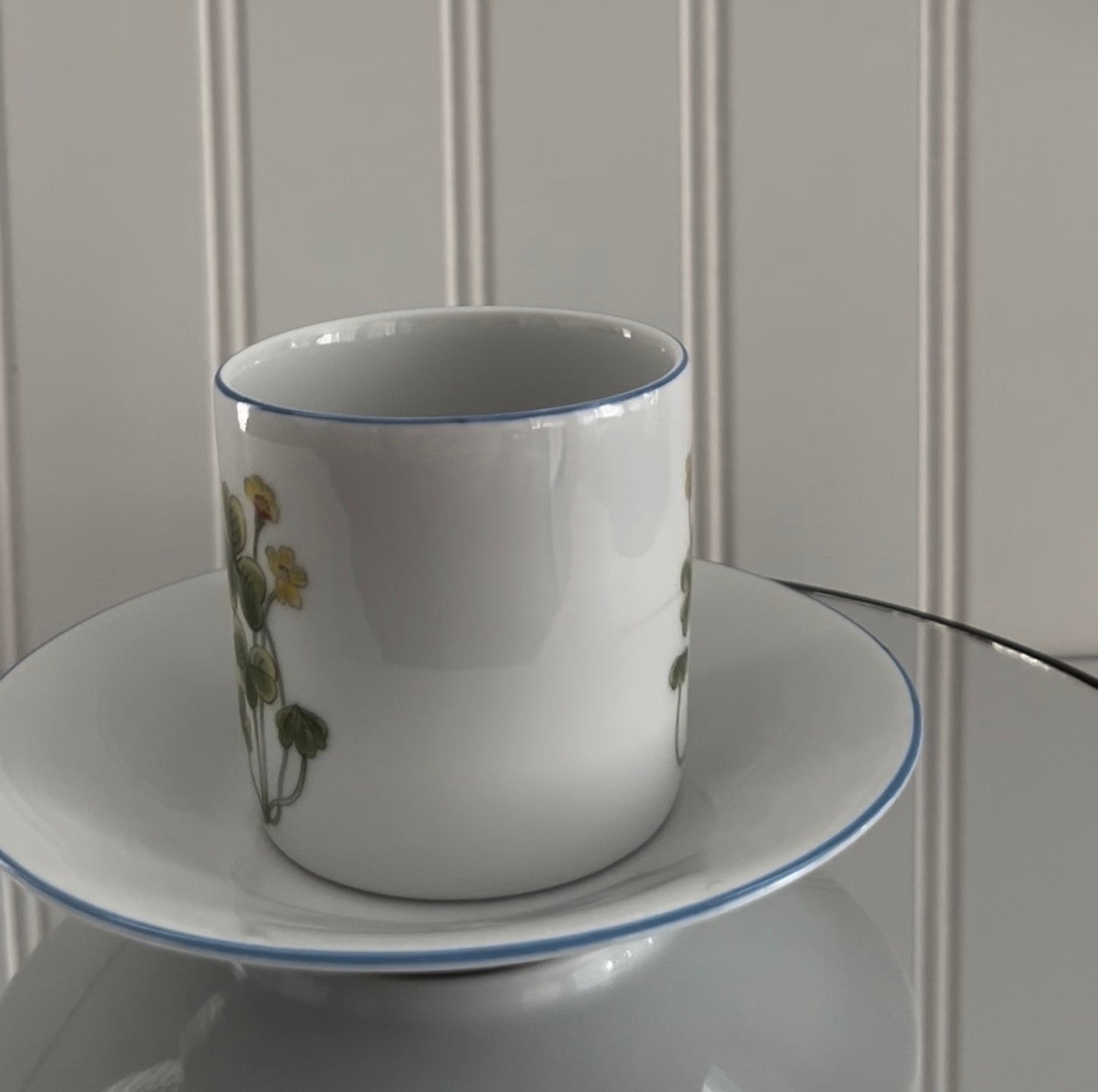 Vintage c.1980s  Porsgrund porcelain demitasse Tea cup and saucer from the Mountain Flower series Yellow Oxalis Shamrock Wood Sorrel Flora