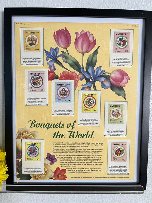 World Of Stamps: Bouquets Of The World Series Collection 
- 8 Stamps Maldives Roses in Black Frame