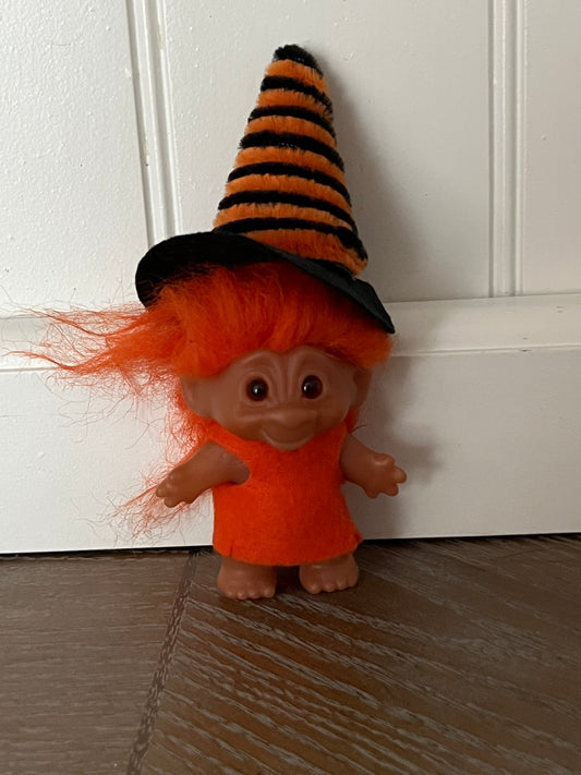 Vintage 1980’s Orange Hair Halloween Troll Doll with Striped Witch Hat | Curated Shelf & Trinket Display Décor