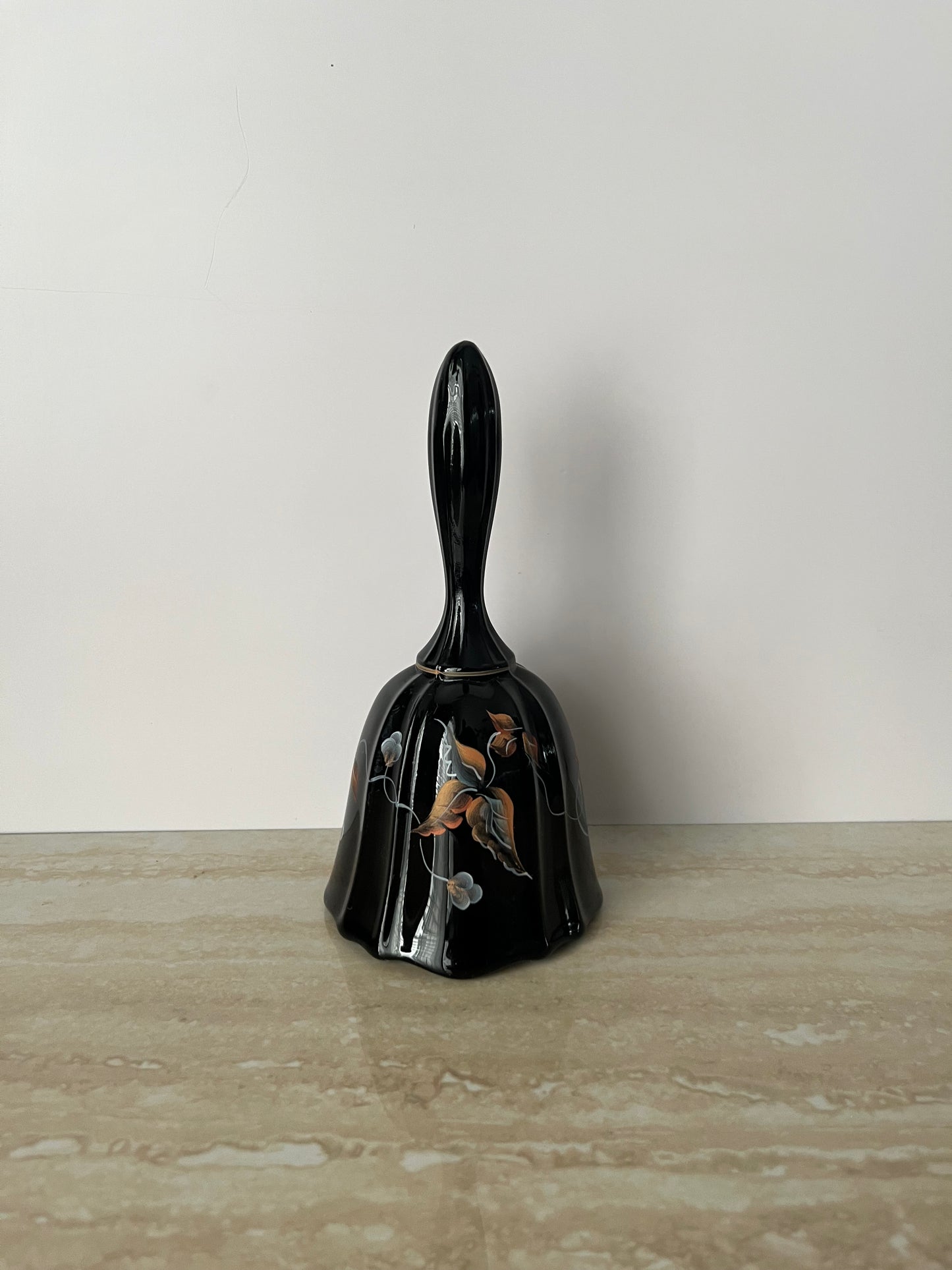 Vintage 1994 Fenton Aurora Black Hand-Painted Autumn Leaves Glass Dinner Bell – Signed by Artist D. Gesel