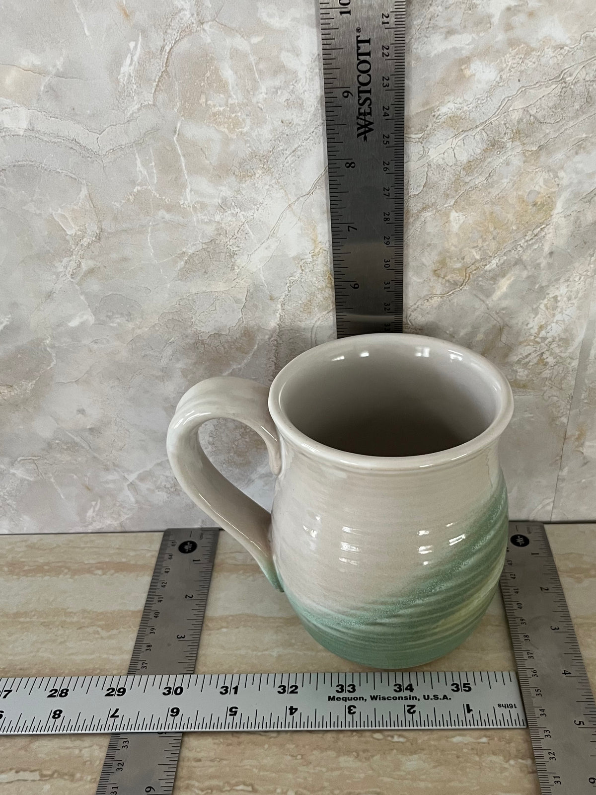 Vintage Style Oh Susie Paw Paw Pottery Green & Cream Glazed Stoneware Handled Vase XL Crock Mug– 5”