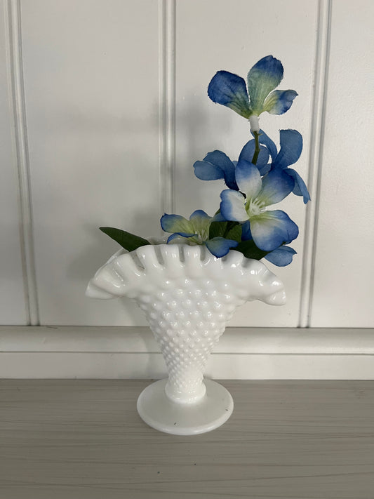 Vintage MCM Fenton Hobnail White Milk Glass Small Fan Vase - Ruffled Top