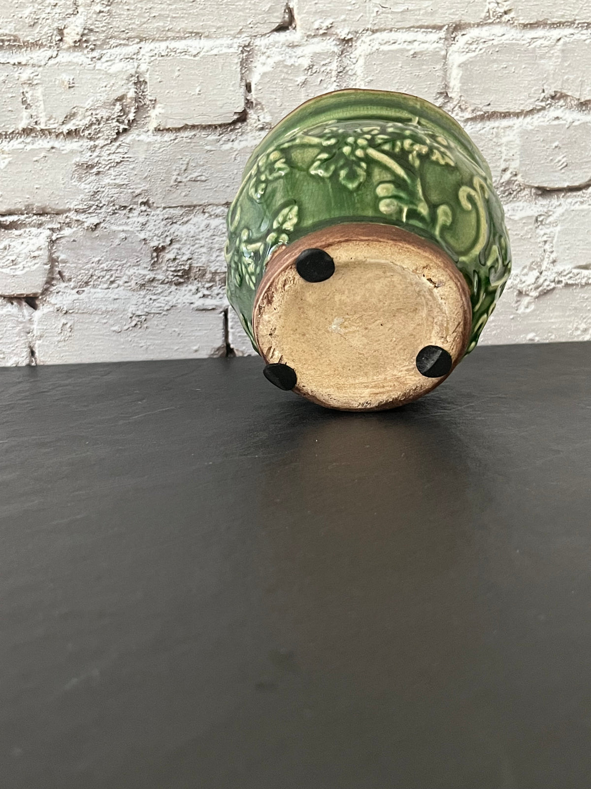 Vintage Style Green Glazed Ceramic Planter | Raised Floral Vine Design | Small Cottage Garden Pot | 3” Tall