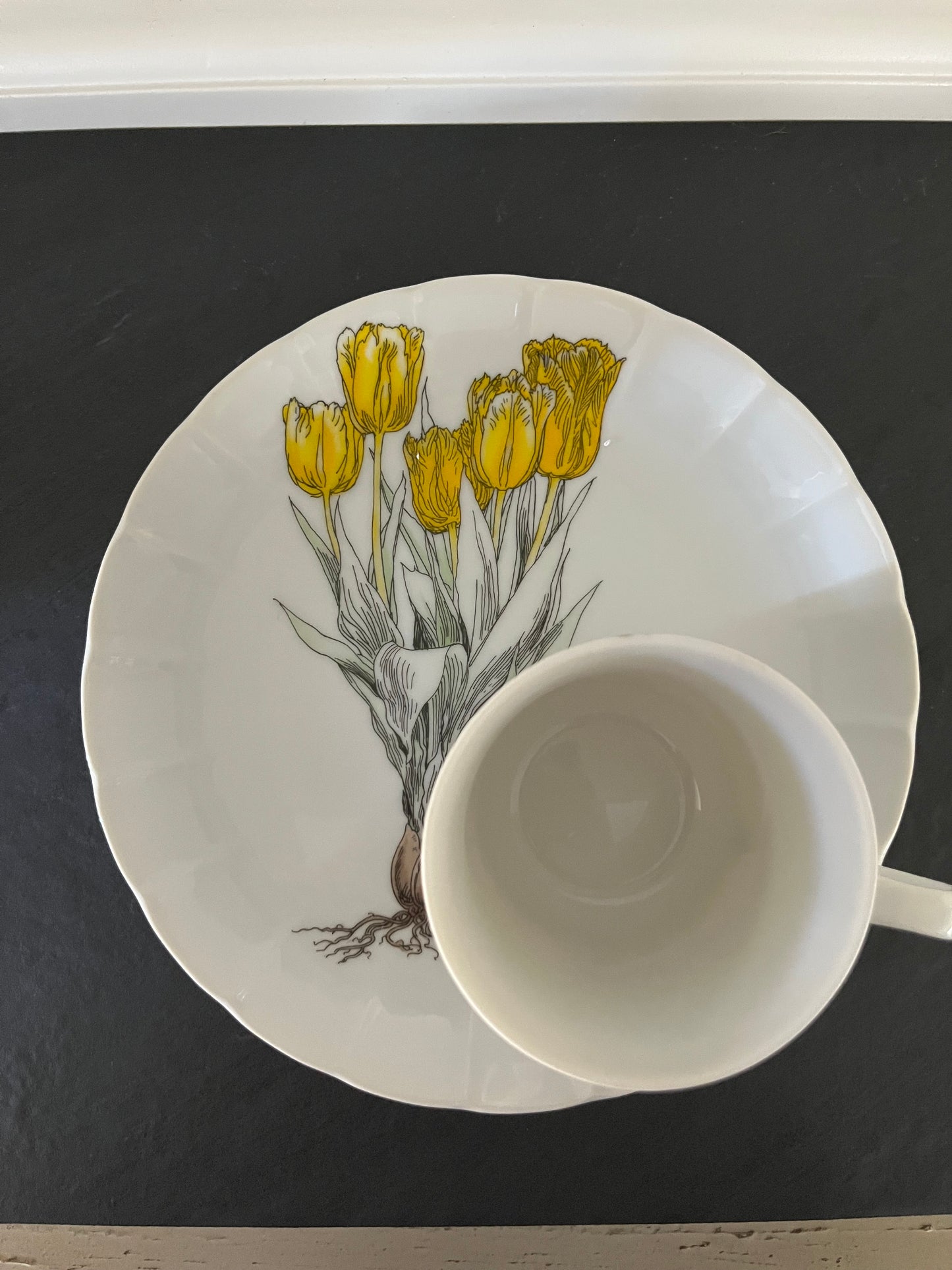 2 Vintage Yellow  Snack Plate & 1 Tea Cup Set Tulip by SEYMOUR MANN Botanical Modern Fine China