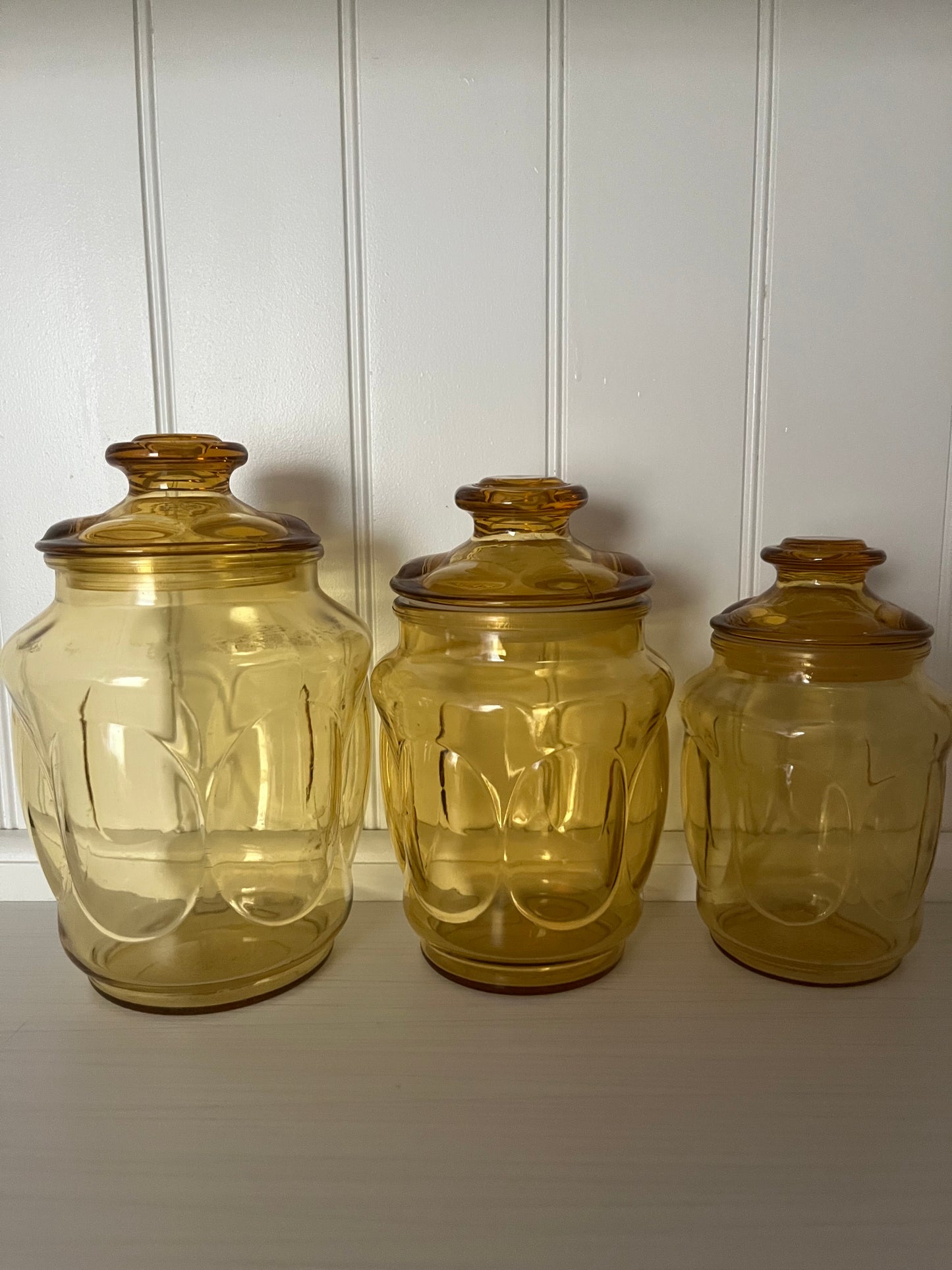 Vintage Amber Glass Apothecary Canister Set (3) L.E. Smith honey amber bubble glass | 1960s–1970s
