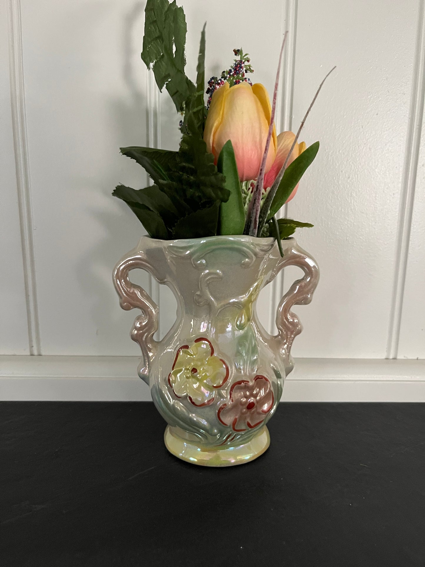 1960s Vintage Iridescent Lusterware Ceramic Amphora Vase with Raised Floral Motif and Ornate Handles – Made in Brazil
