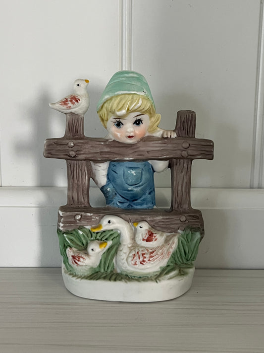 Vintage c.pre 1970’s Hummel Style Boy at Fence with Ducklings Ceramic Figurine | Cottagecore Farmyard Decor | Storybook Child Statue